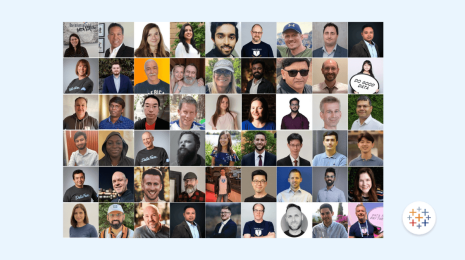 2023 Tableau Forums Ambassadors Headshots with blue background and tableau logo