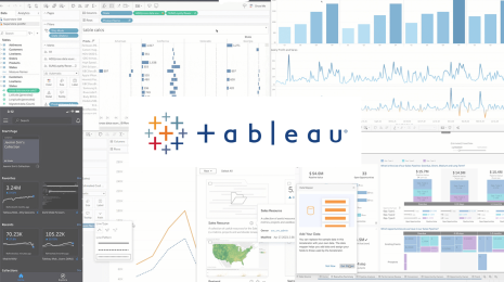 Collage of Tableau visualizations with blue and purple bar charts, blue line graphs, black mobile screen, orange bar charts