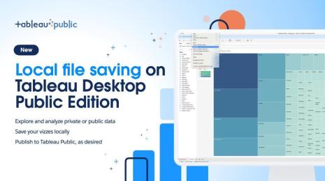 Slide showing blue and green tree map on the right with blue text on the left that reads "Local file saving on Tableau Desktop Public Edition."