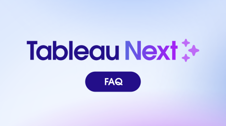 Tableau Next logo with "FAQ" text in a purple bubble on a blue and light purple gradient background