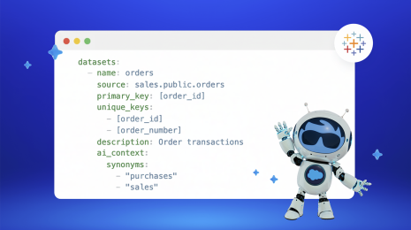 A screen of code shows the Open Semantic Interchange v1 specifications for a sales orders dataset, described as order transactions, with Agent Astro to the side and the Tableau sparkle logo in the top right corner.