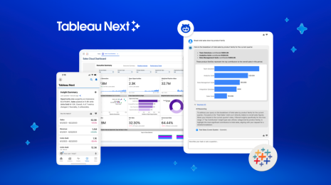 On a dark blue gradient, three screens show the Tableau Next UI with agentic analytics in a mobile device, a sales analytics dashboard, and a conversational interface with an AI agent; Tableau Next text in top left and Tableau sparkle logo in the bottom right.
