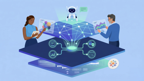 Illustration of a man, woman, and robot interacting with data visualizations that appear above a table-like connected network representing a knowledge graph for analytics.