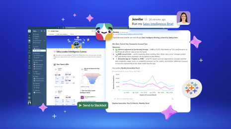 Split-screen graphic of Slack showing a Tableau Sales Leader Intelligence Canvas on the left and a live Slackbot data briefing thread with trend charts on the right.