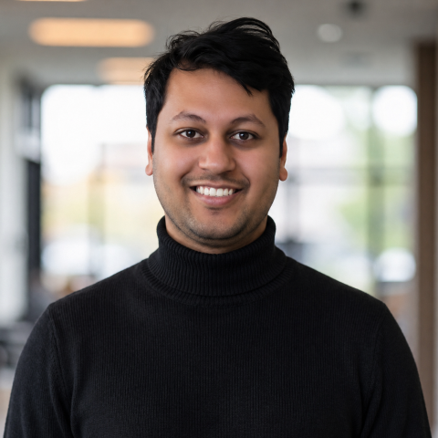Portrait photo of Rahat Zaman smiling in a modern office setting, wearing a black turtleneck sweater with a softly blurred background.