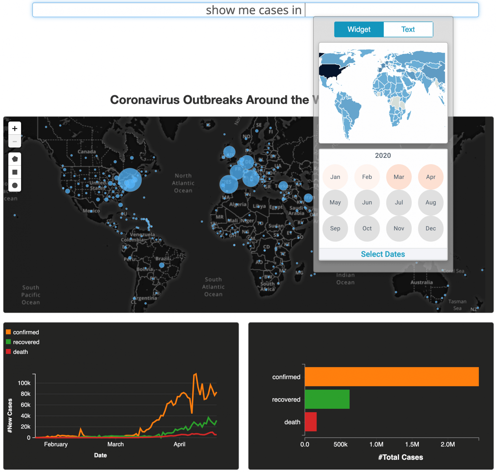 A coronavirus outbreak dashboard with an input box reading 'show me cases in'